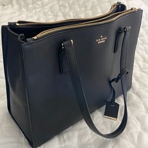 Kate Spade Black Leather large tote, lots of pockets; excellent used condition!